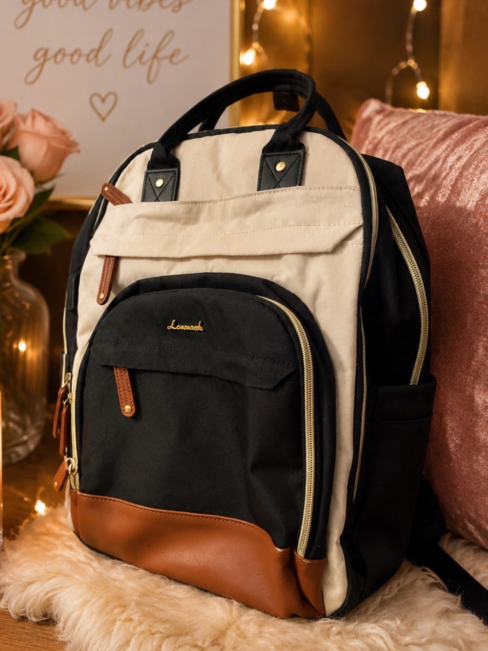 Lancaster Black and Cream Canvas Backpack with Brown Trim